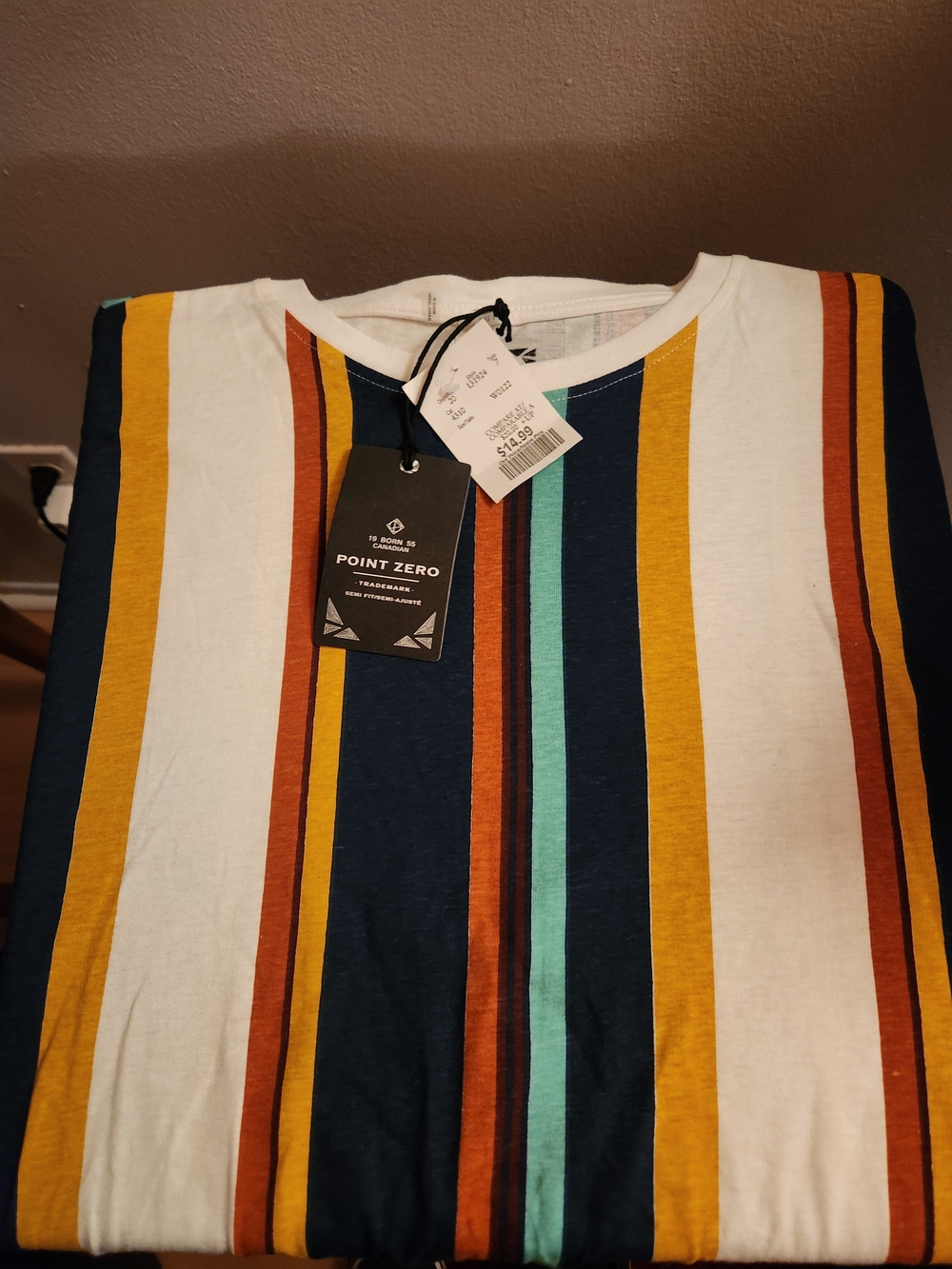 Point Zero Vertical Stripe Short Sleeve Tee - White Navy Mustard Rust Aqua